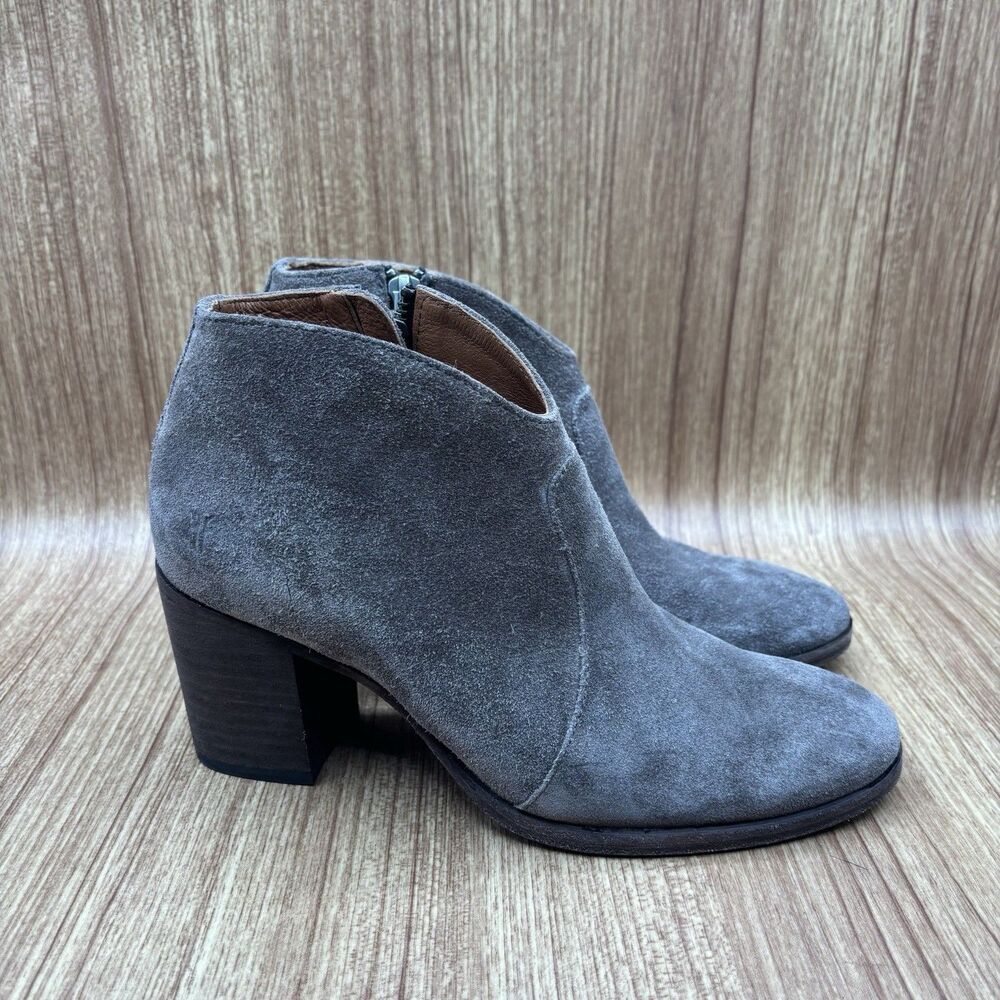 Frye Suede Ankle Boots Women 6B Grey Side Zip Stacked Block Heel Booties